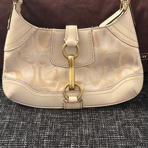 Coach Signature Jacquard and Leather Shoulder Bag in Cream